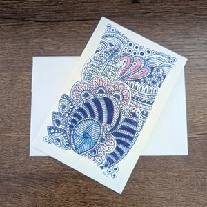 🌻5/$20 Handmade Blank Floral Zentangle Card- Blue & Pink